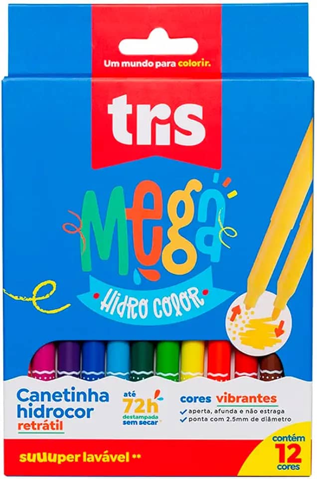 Hidrocor Ponta Fina Retrátil Mega Hidro Color - 12 Cores - Tris