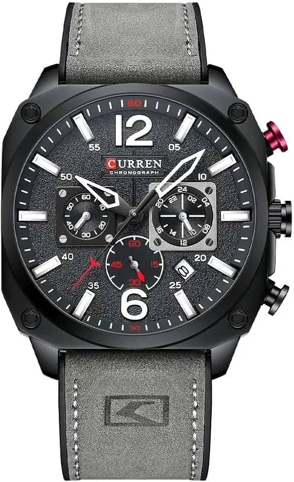 Relógio Masculino Curren_8398, Cronógrafo, Em Aço Inoxidável, Movimento de Quartzo com Pulseira em Couro, Estilo Social Casual Luxo e À Prova D’Água