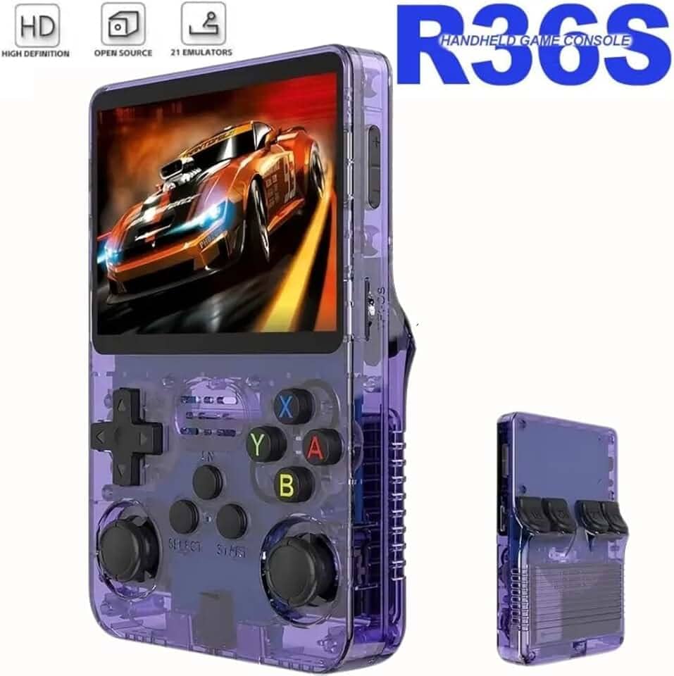 Console Portátil R36S, Tela IPS HD 3.5", 64GB 15.000 Jogos, Sistema ArkOS 2.0, Multi-Plataformas [Linux] (Roxo)