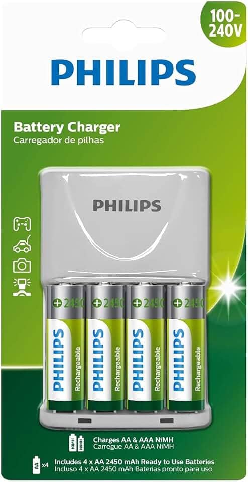 Carregador Philips de pilha recarregável AA e AAA inclui 4 pilhas AA 2.450mAh