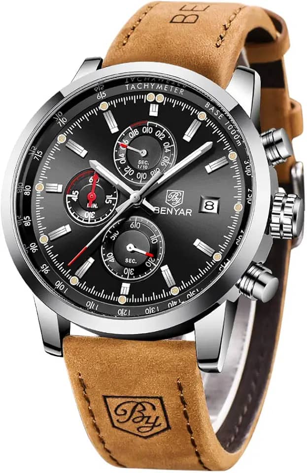 Relógio masculino de quartzo BENYAR, analógico, impermeável, cronógrafo moderno, para negócios, em couro marrom, Preto