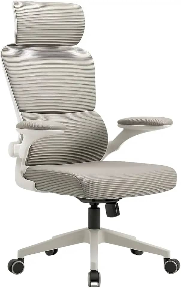 Cadeira de Escritório Cinza VMSTARK com Suporte Lombar Ajustável, Encosto de Cabeça e Design Ergonômico