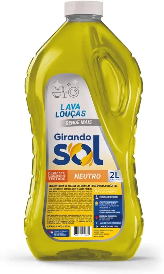 Girando Sol Detergente Lava-Louças Neutro 2L Detergente Líquido Para Lava-Louças Amarelo Contém Tensoativo Biodegradável Neutro Dermatologicamente Testado