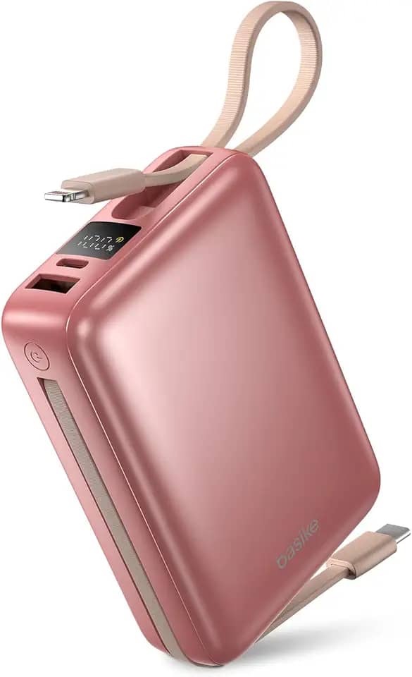 Basike Carregador Portátil, Power Bank 20000mAh com Cabos Integrados, Carregamento Rápido 22.5W(MAX), Compacto, Led Indicador de Bateria para iPhone/Samsung/Huawei/Xiaomi (Rosa)