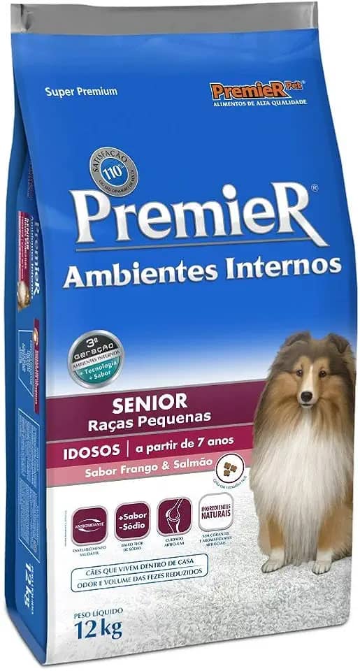 Ração Premier Senior Ambientes Internos para Cães Adultos 7+ Sabor Frango e Salmão, 12kg Premier Pet Raça Idosos,