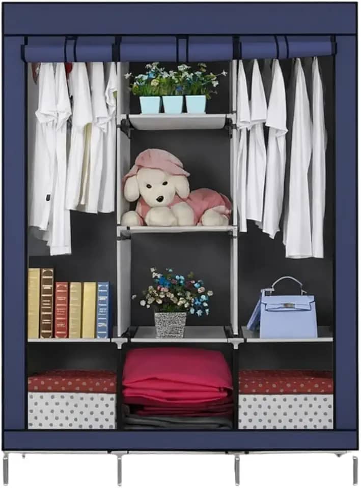 Guarda Roupa Dobrável Armário Organizador de Roupas 3 Portas Multiuso (Azul)