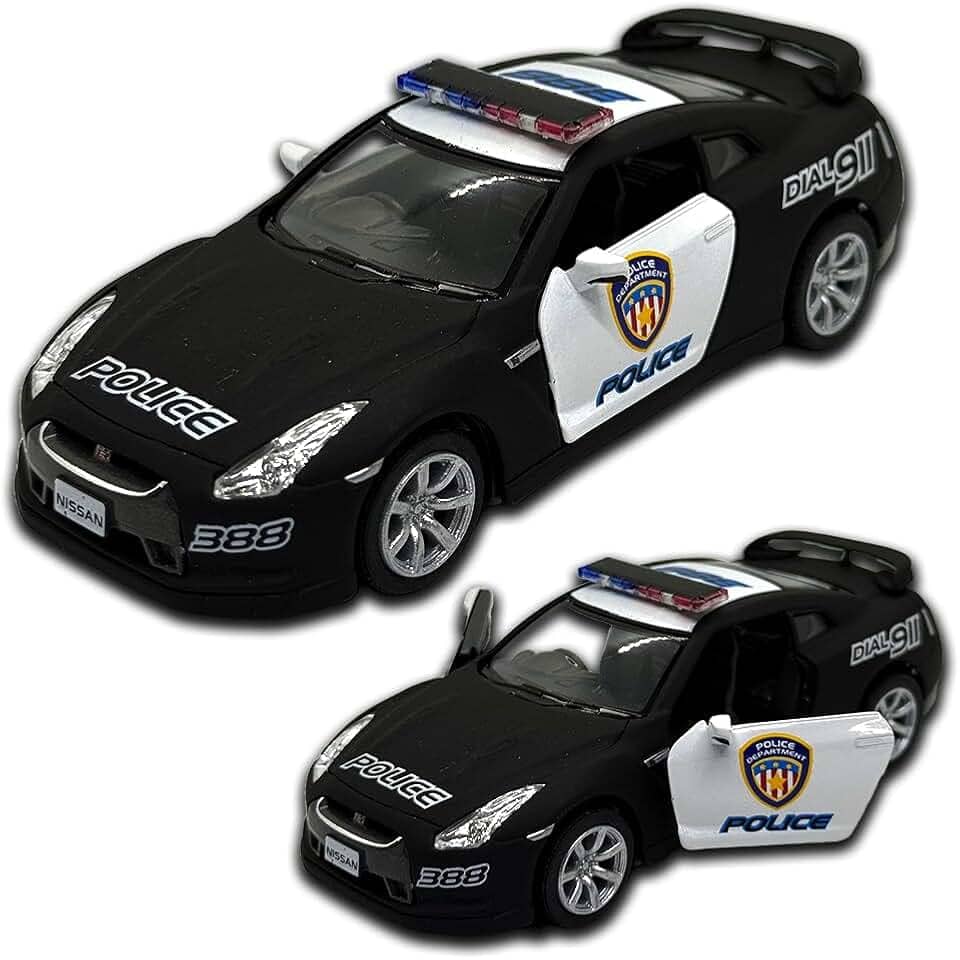 Miniatura de carro Nissan GT-R R35 Polícia 1/36 Kinsmart, 12 CM, em metal, Abertura de portas laterais e pneus em borracha, Carrinho de ferro em Miniatura da Polícia