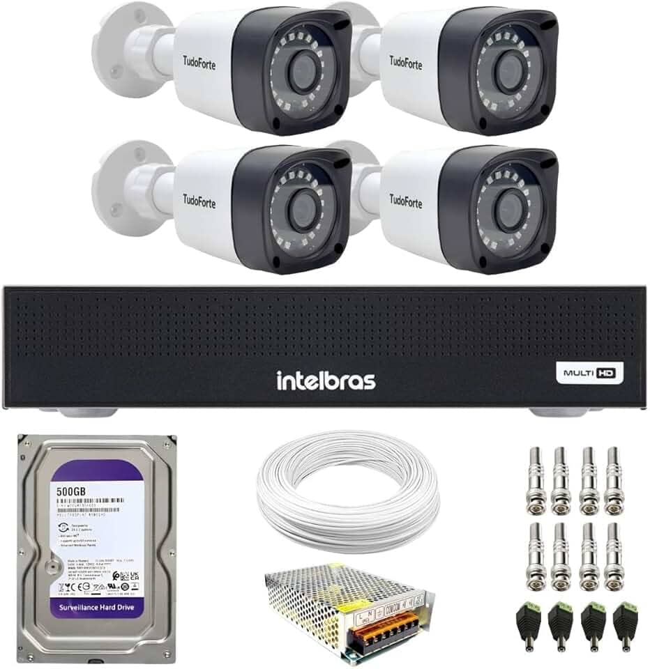 Kit 4 Câmeras Segurança Full HD DVR Intelbras 4 Canais Com HD Completo