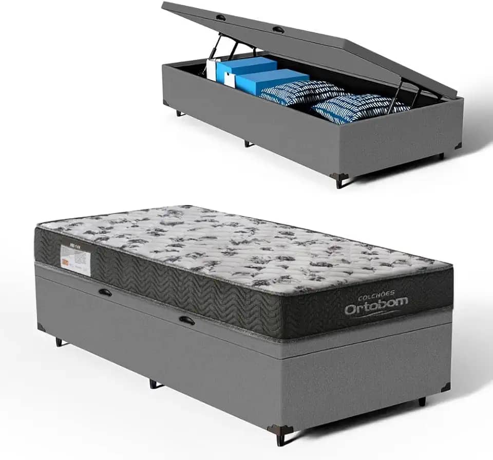 Cama Box Baú com Colchão D33 Iso 100 - Ortobom (Cinza, Solteiro 78)