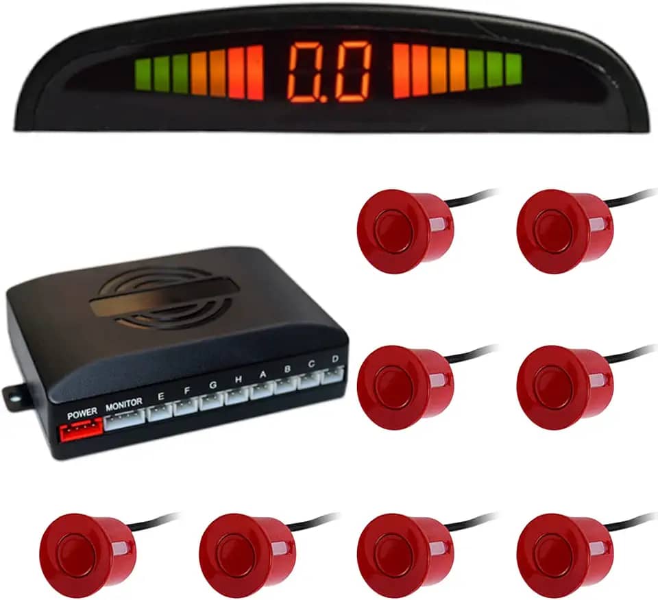Riloer Kit de radar de ré de segurança dianteira e traseira do carro, visor de LED, alarme de campainha com 8 sensores, sensor de estacionamento dianteiro e traseiro, alerta para carros (vermelho)