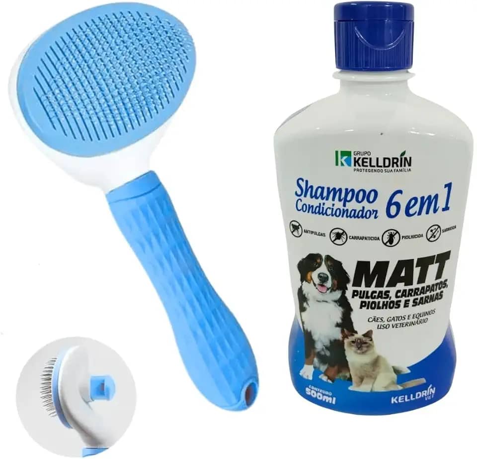 Kit Higiene Pet Shampoo E Condicionador 6 em 1 Para Cães e Gatos Antipulgas Com Rasqueadeira Removedora de Pelos (Azul)