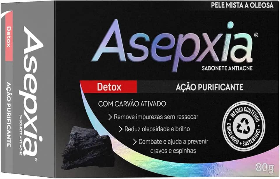 Asepxia Sabonete Detox 80g — Limpeza Profunda com Carvão Ativado | Remove Cravos, Controla a Oleosidade e Purifica a Pele | Para Peles Mistas e Oleosas