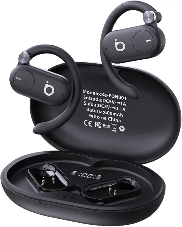 Fones de Ouvido Sem Fio Basike D91, Bluetooth 5.4, Estéreo Hi-Fi, Tela LED, 100h Standby, Leve e Confortável, Ideal para Corrida e Exercícios (Preto)