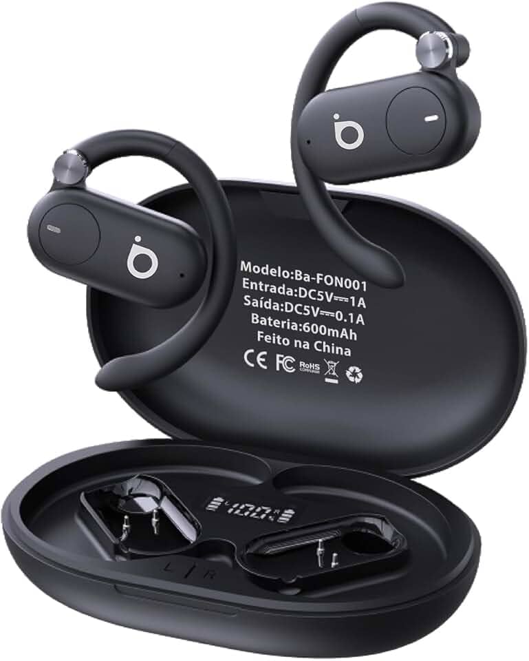 Fones de Ouvido Sem Fio Basike D91, Bluetooth 5.4, Estéreo Hi-Fi, Tela LED, 100h Standby, Leve e Confortável, Ideal para Corrida e Exercícios (Preto)