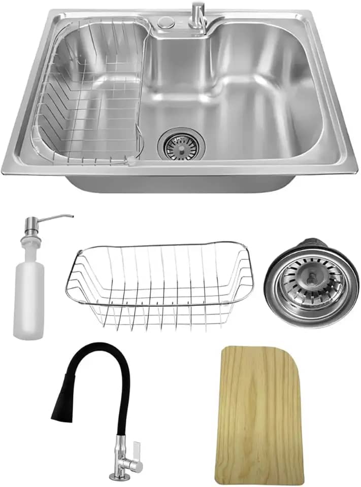 Kit Cuba Gourmet Cozinha Pia Aço Inox 304 60x42cm + Torneira + Acessórios + Tábua