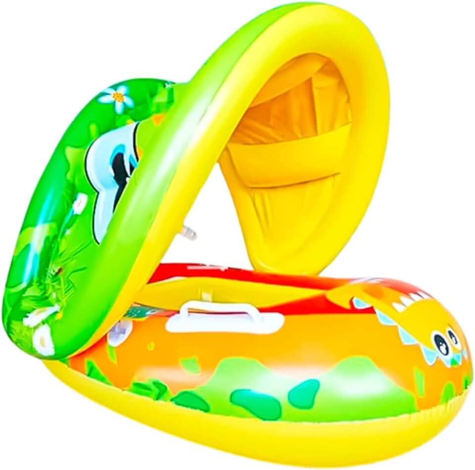 Boia Infantil Piscina Bebê Inflável com Assento Pezinho e Cobertura de Proteção para Crianças 6 Meses à 3 Anos Praia Verão