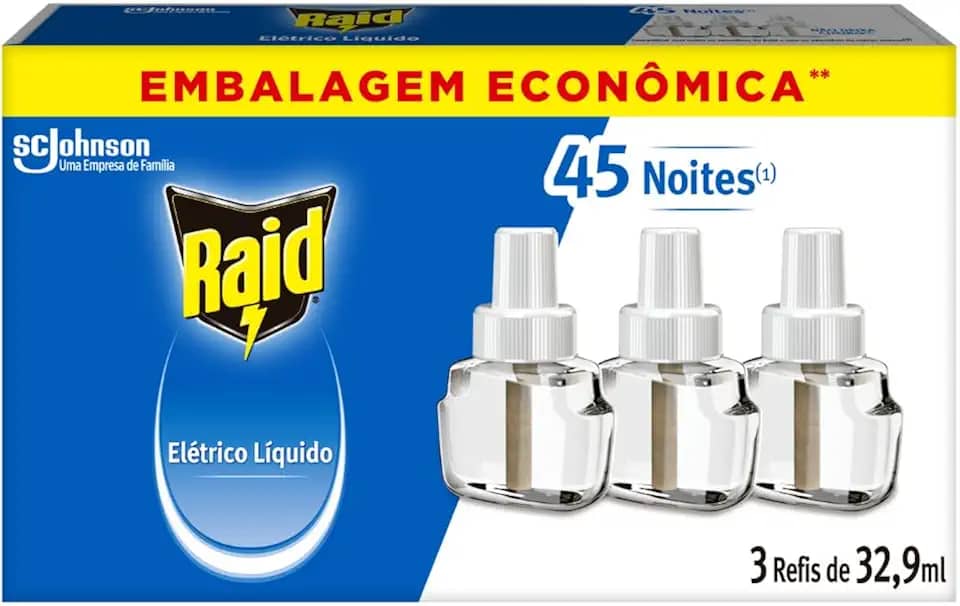 Raid Repelente Eletrico Líquido Refil, Até 45 Noites de Proteção, 3 unidades de 32,9ml