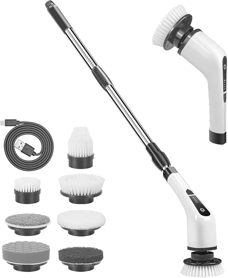 Sokoweii Esfregão giratório elétrico 7 em 1, escova de limpeza sem fio para banheiro com alça de extensão, adequada para limpeza de chuveiro, azulejo, piso - preto