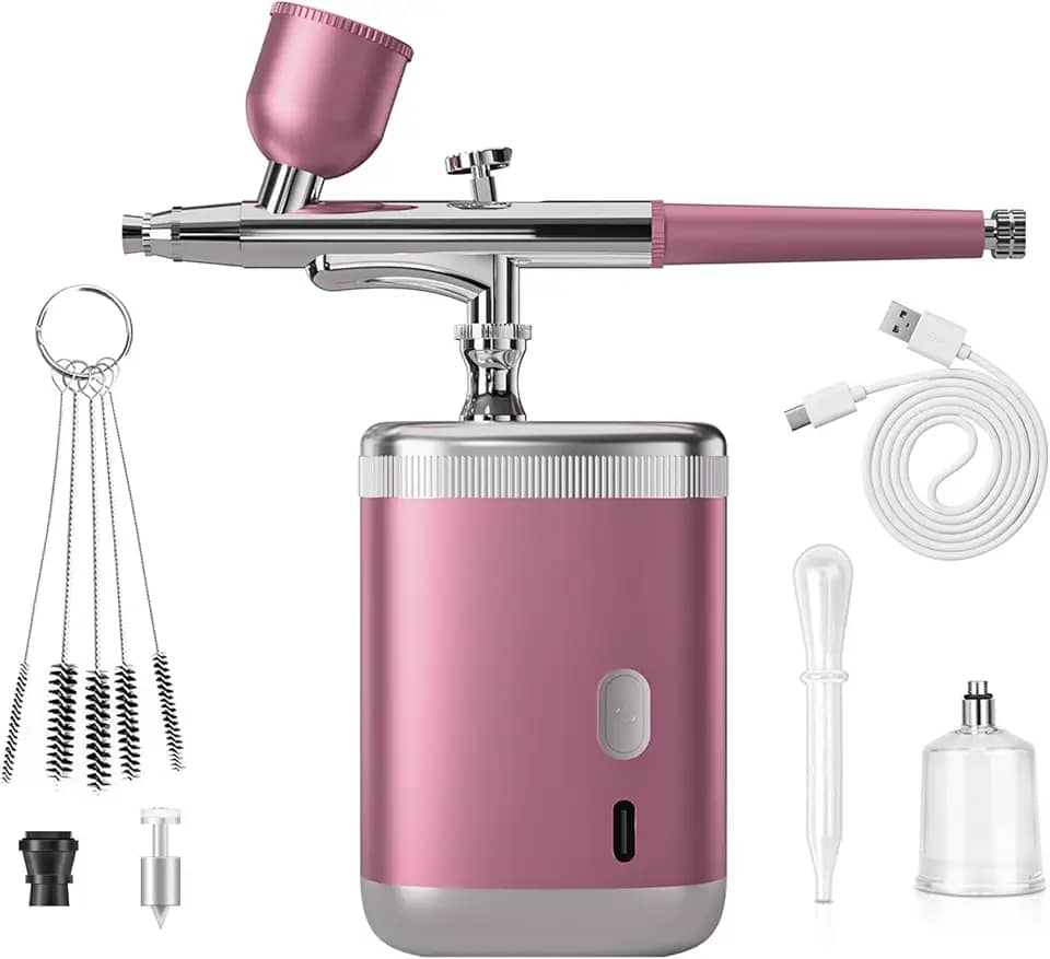 Kit de aerógrafo 1200ma conjunto de aerógrafo com compressor portátil para maquiagem decoração de bolo modelo pintura arte de unhas barbeiro (rosa ação única)