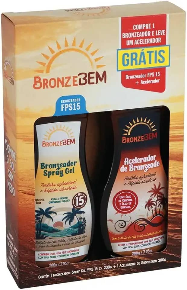 BronzeBem Kit Bronzeador Spray Gel FPS 15 e Acelerador de Bronzeado, 2 Frascos de 200g, Fórmula com Chá Verde e Aloe Vera, Textura Agradável e Rápida Absorção