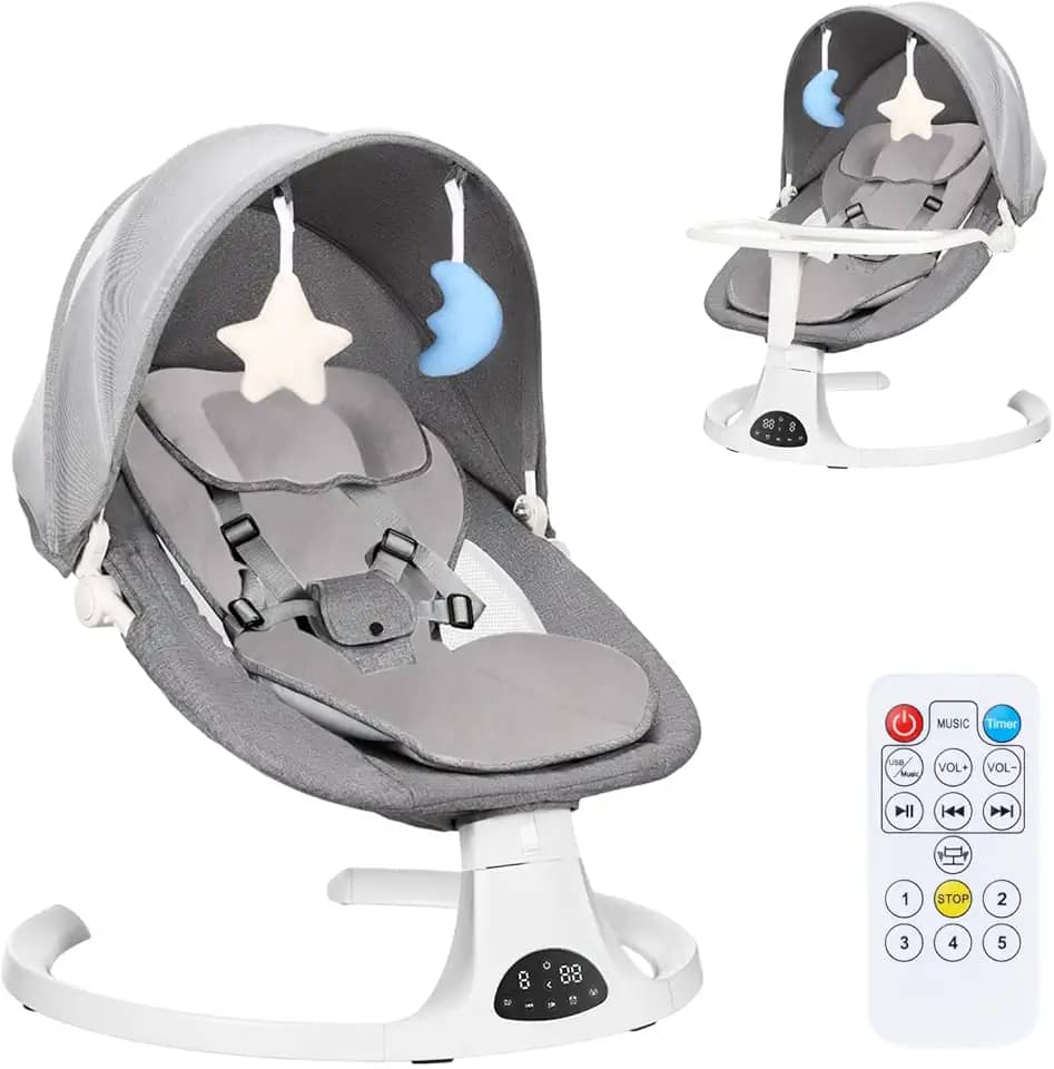Hivento Cadeira de Balanço Elétrica para Bebê, Cadeira Portátil para Recém-Nascidos com Controle Remoto, Cinto de Segurança de 5 Pontos, 5 Velocidades, 3 Configurações de Temporizador, 10 Canções de Ninar, Capacidade Máxima de 15 kg