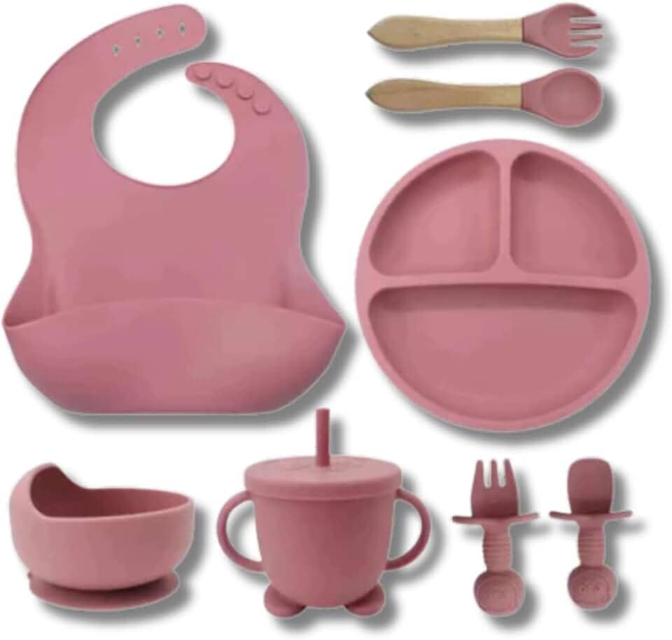 Kit Alimentação Bebê, Introdução Alimentar, 8 Peças em Silicone, Seguro, Sem Pontas, Com Ventosa, Livre de BPA, Antibacteriano, Atóxico, Qualidade Premium (Rosa)