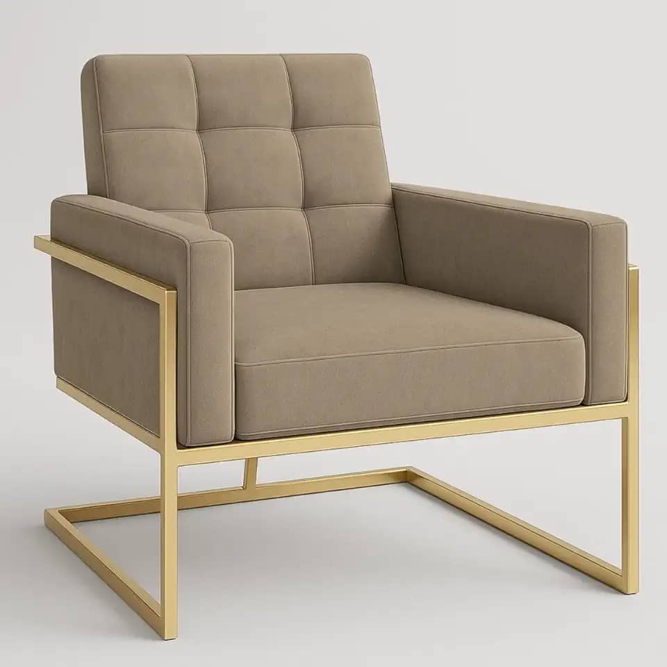 Poltrona Base de ferro reforçada para Sala de Estar Recepção Estofada Confortável (BASE DE FERRO COR DOURADA, CAPPUCCINO)