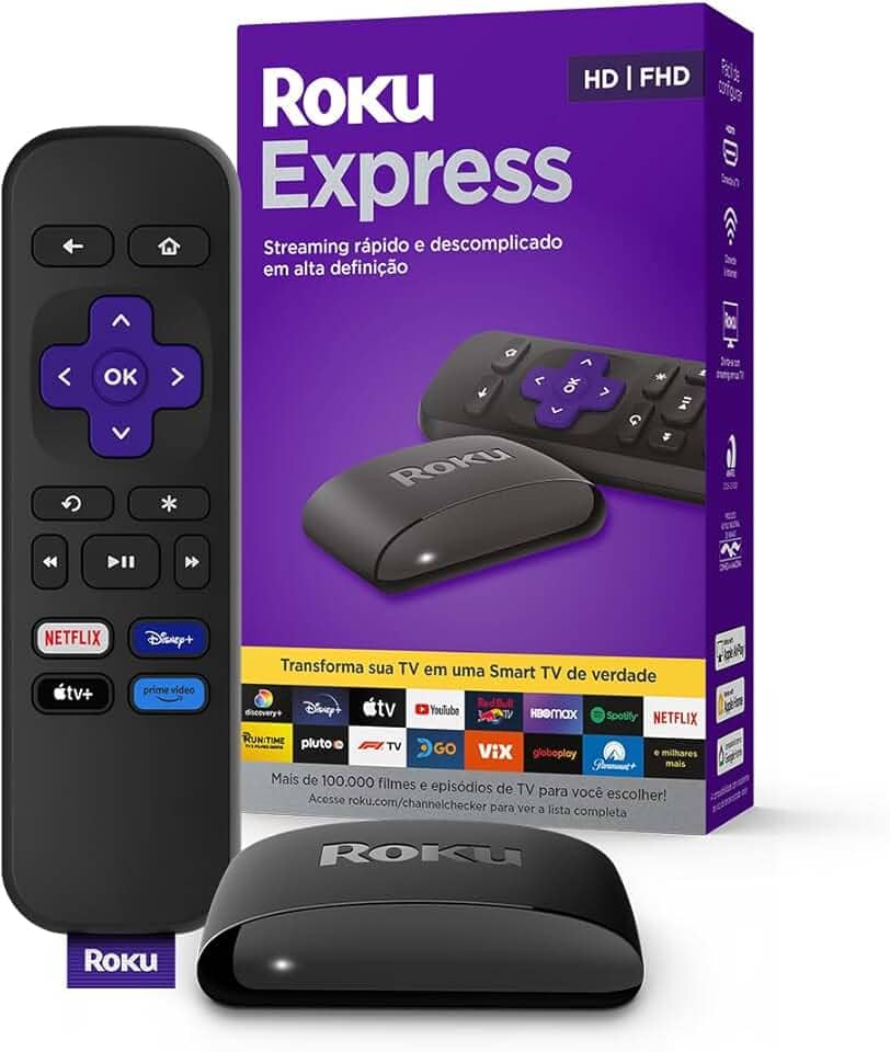 Roku Express | Dispositivo de streaming para TV HD/Full HD compatível com Alexa, Siri e Google. Inclui Cabo HDMI Premium