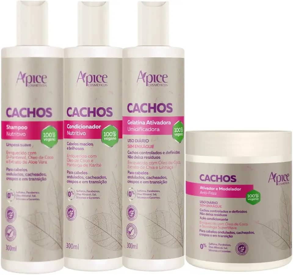 Apse Cachos Shampoo e Condicionador e Ativador e Gelatina