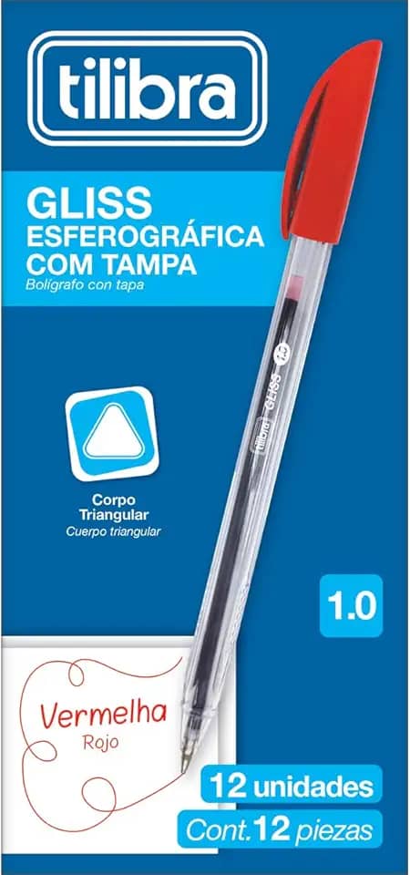 Tilibra - Caneta Esferográfica 1 mm, Gliss, Vermelha, 12 Unidades, 315427