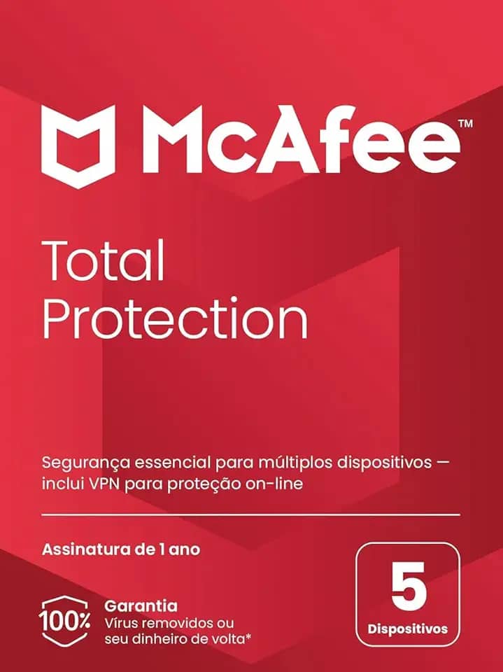 McAfee Total Protection | 5 dispositivos | Software de segurança que inclui Antivírus, VPN Segura, gerenciador de senhas, monitoramento de identidade | Cartão-chave