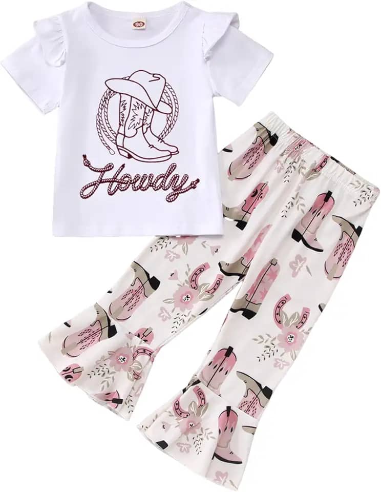 Conjunto de roupa infantil com parte inferior de sino para meninas ocidentais, camiseta de manga curta + calça rodada boho, 2 peças de roupas de verão