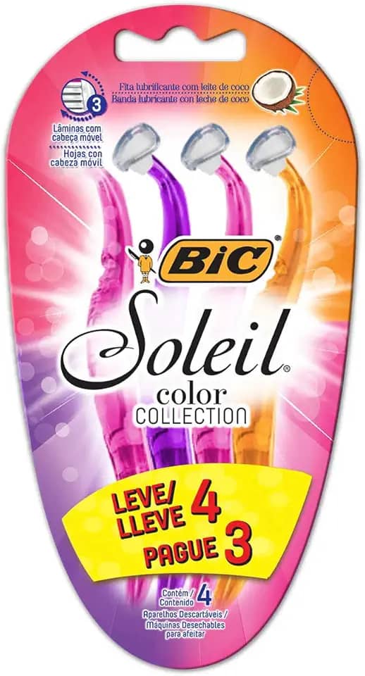 BIC Aparelho De Depilar Soleil Rosa Roxo E Laranja Leve 4 Pague 3 - 930183 - Dupla Fita Lubrificante Com Leite De Coco