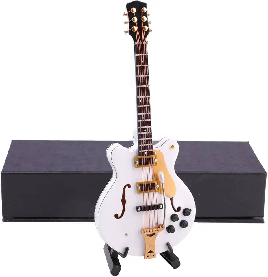 Guitarra elétrica em miniatura de madeira com suporte e estojo Mini instrumento musical réplica de guitarra elétrica estatuetas colecionáveis modelo decoração de casa ornamento de exibição