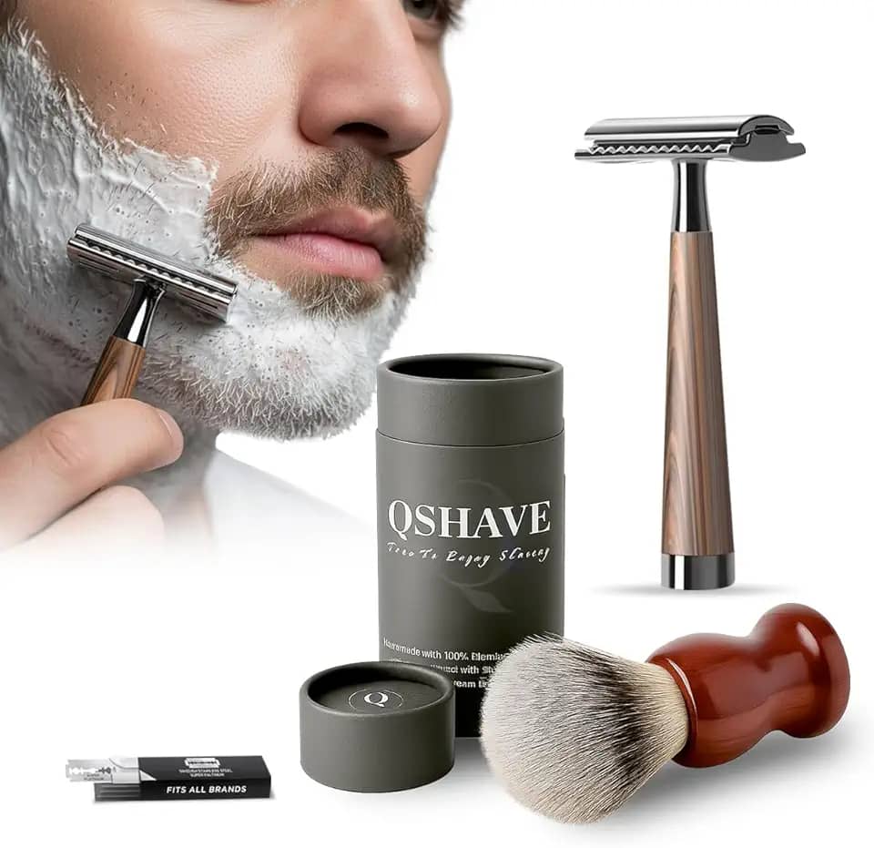 Kit Barbeador Profissional, Navalha de Segurança com Cabo Texturizado, Pincel de Barbear com Pelo Natural Texugo, 5 Lâminas Super Platinum