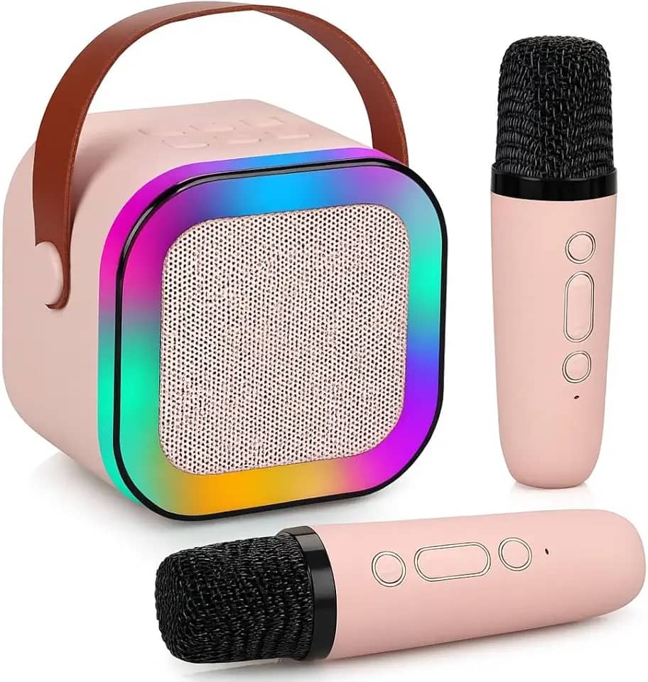 Kit Karaokê Portátil com 2 Microfones Bluetooth LED RGB Recarregável USB para Festas e Viagens (Rosa)