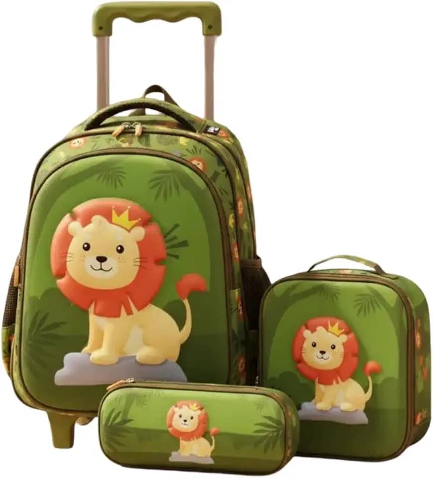 Mochila Infantil Escolar 3D Leão com Lancheira Térmica, Verde Selva, Alças Ajustáveis, para Crianças Bolso Garrafa