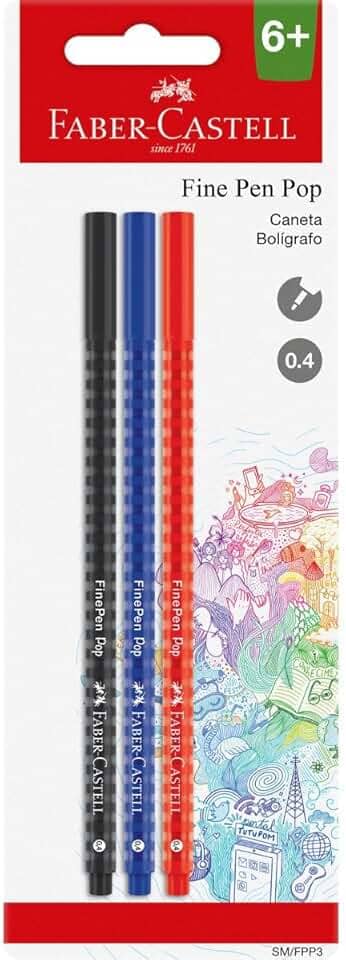 Caneta Ponta Fina, Fine Pen PoP, Faber-Castell,SM/FPP3, cartela com 3 unidades