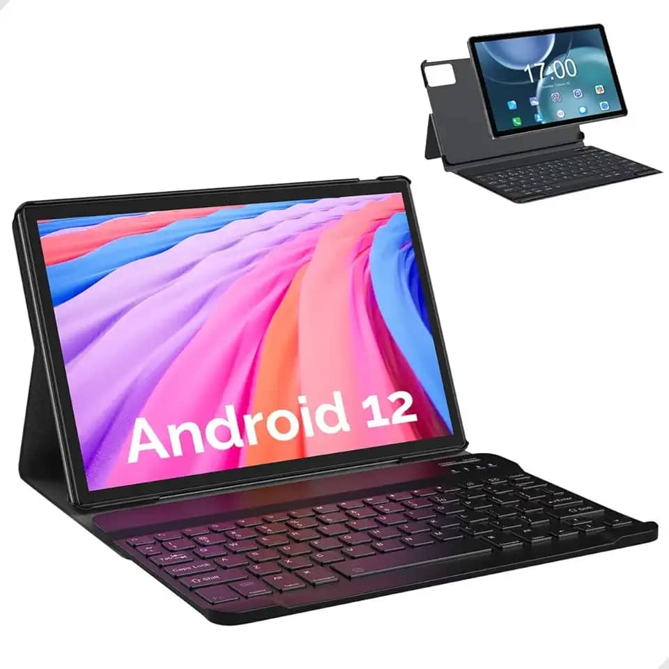 10,1 Polegadas Tablet com Caso, Teclado e Mouse, Android 12 Tablet, 6GB RAM + 128GB ROM, WiFi, Bluetooth, 6500mAh, Cinza