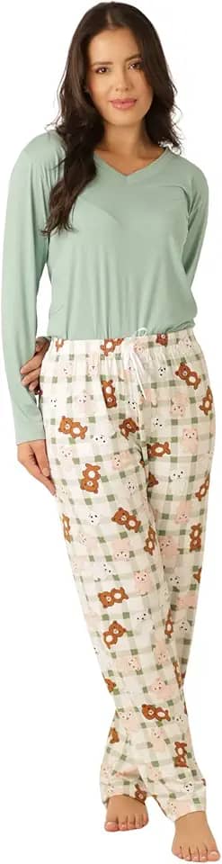 Pijama Feminino Longo, Manga Comprida, Algodão, Plus Size, Casual