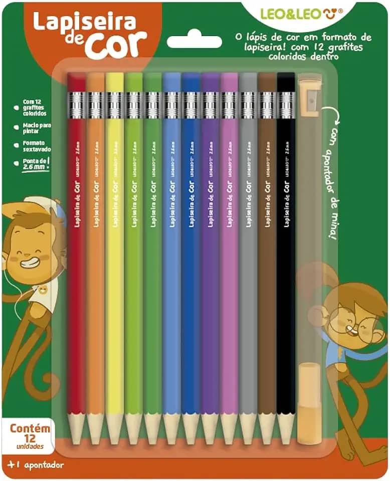 LAPISEIRA DE COR/GRAFITE COLORIDO 2.6 - BLISTER C/ 12 CORES + APONTADOR LEO&LEO