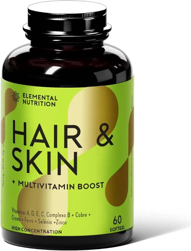 Elemental Nutrition Hair & Skin – Suplemento para Cabelo, Pele e Unhas com Biotina, Vitaminas A, C, D, E, Complexo B e Minerais – Força e Crescimento – 60 cápsulas