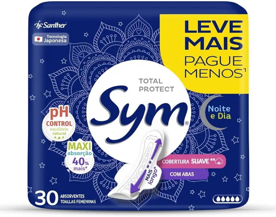 Sym Absorvente Noite&Dia Cobertura Suave Com Abas Promocional 30 Unidades