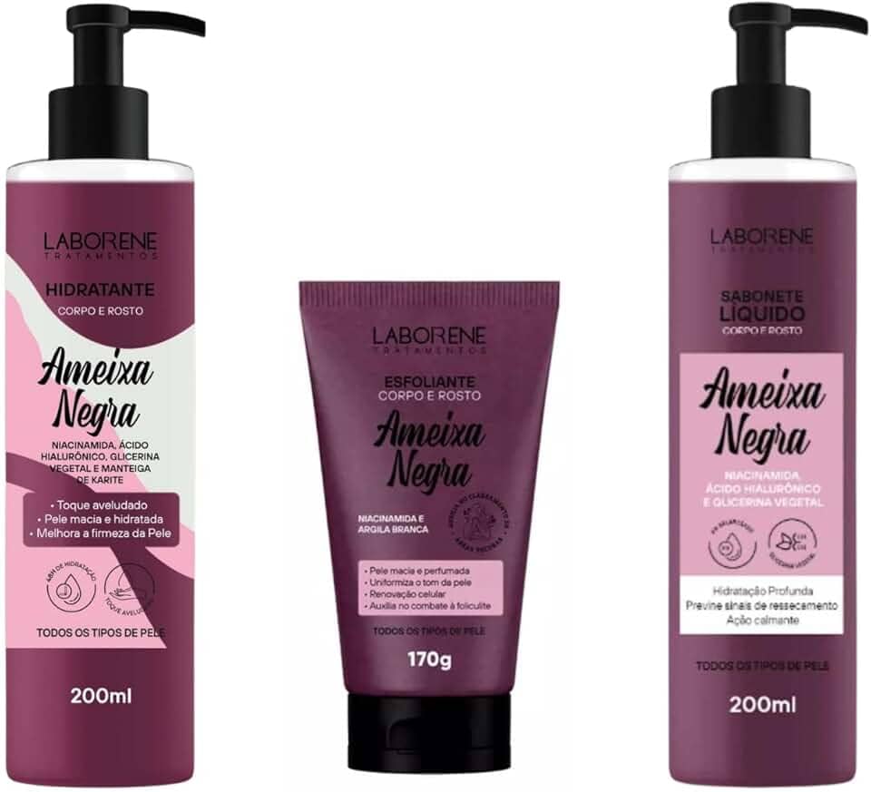 Kit Ameixa Negra Laborene – Esfoliante 170g + Hidratante 200ml + Sabonete Líquido 200ml | Limpeza, Hidratação Profunda e Renovação da Pele | Com Niacinamida, Ácido Hialurônico e Argila Branca | Para Rosto e Corpo