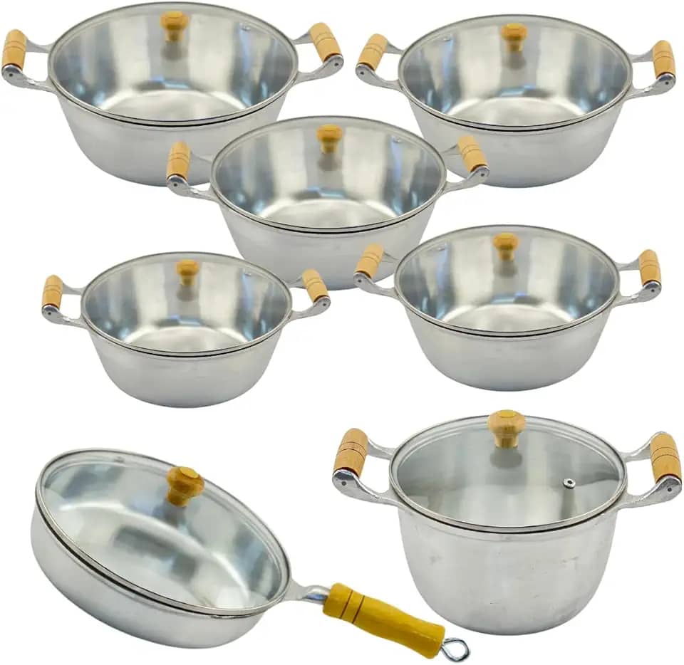 Jogo de Panelas Frigideira Caldeirão 7 Pçs Alumínio Fundido Batido Tampa de Vidro Cozinha Moderna Qualidade Profissional