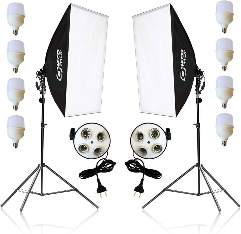 Kit 2 Softbox Fotográfico 50x70cm com 8 Lâmpadas LED 20W e 2 Tripés Ajustáveis 2m – Iluminação Contínua Profissional para Estúdio, Vídeo, Live e Fotografia