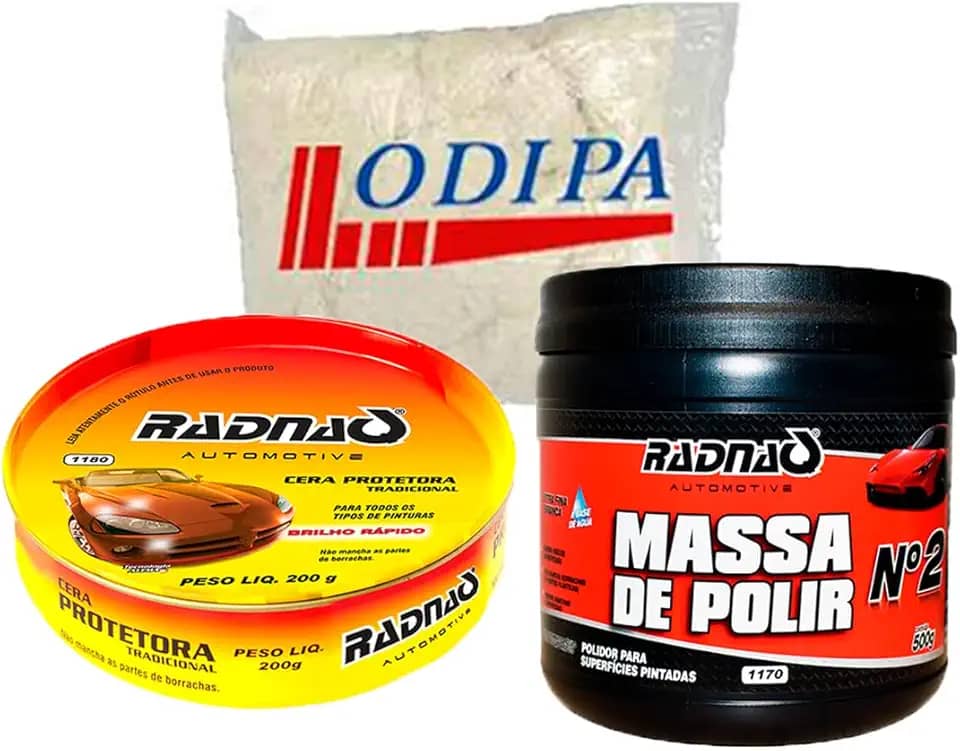 Kit Polimento Automotivo Massa De Polir N°2 500g Tira Risco + Cera Protetora Tradicional 200g RADNAQ + Estopa Odipa