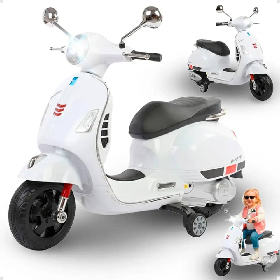 Scooter Branca Elétrica Infantil 12V 4Ah com Luzes, Sons e Bateria Recarregável