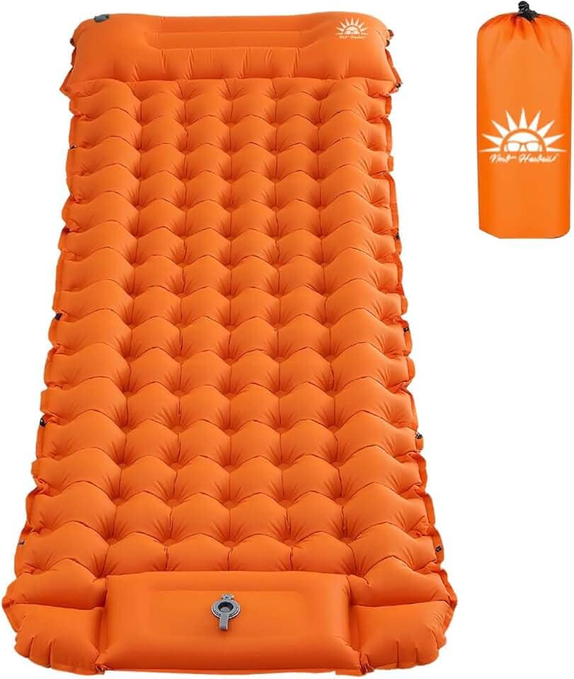 Colchão Inflável para Camping 198x67cm，Leve e Confortável, Inclui Bomba e Bolsa de Transporte (Laranja)