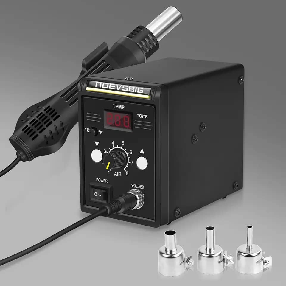 Estação de Retrabalho 858D, Kit de Pistola de Dessoldagem de Ar Quente (100 a 500 °F) com Display Digital SMD Estação Antiestática para BGA IC, Temperatura e Velocidade de Ar Ajustável, com 3 Bicos de Ar